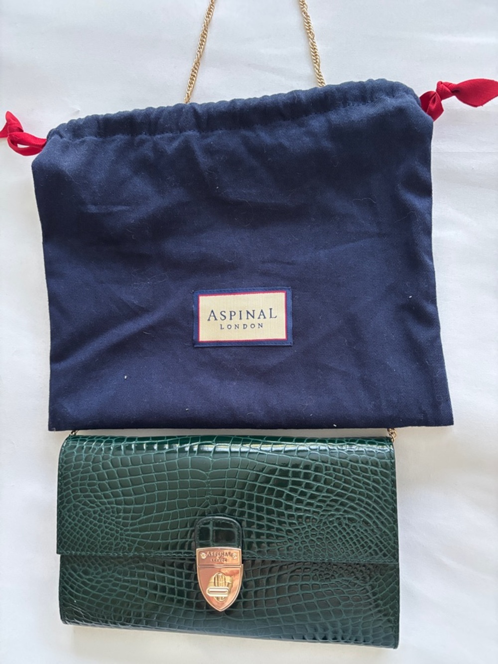 Aspinal of London Dark Green Croc-Embossed Chain clutch Bag - Picture 4 of 12